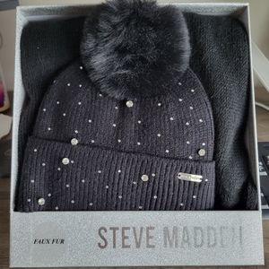 Steve Madden Scarf and Rhinestone Faux Fur Cap Set: NEW